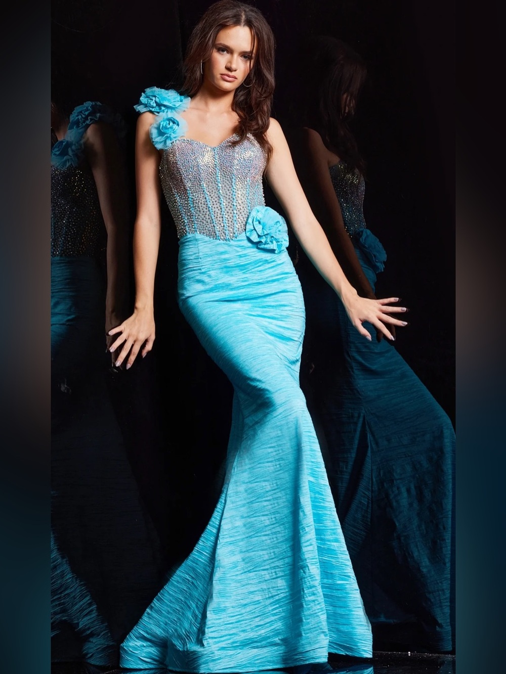 Jovani 37268 Turquoise One-Shoulder Beaded Mermaid Gown